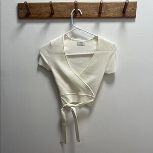 Aritzia Cream Short Sleeve Wrap Blouse